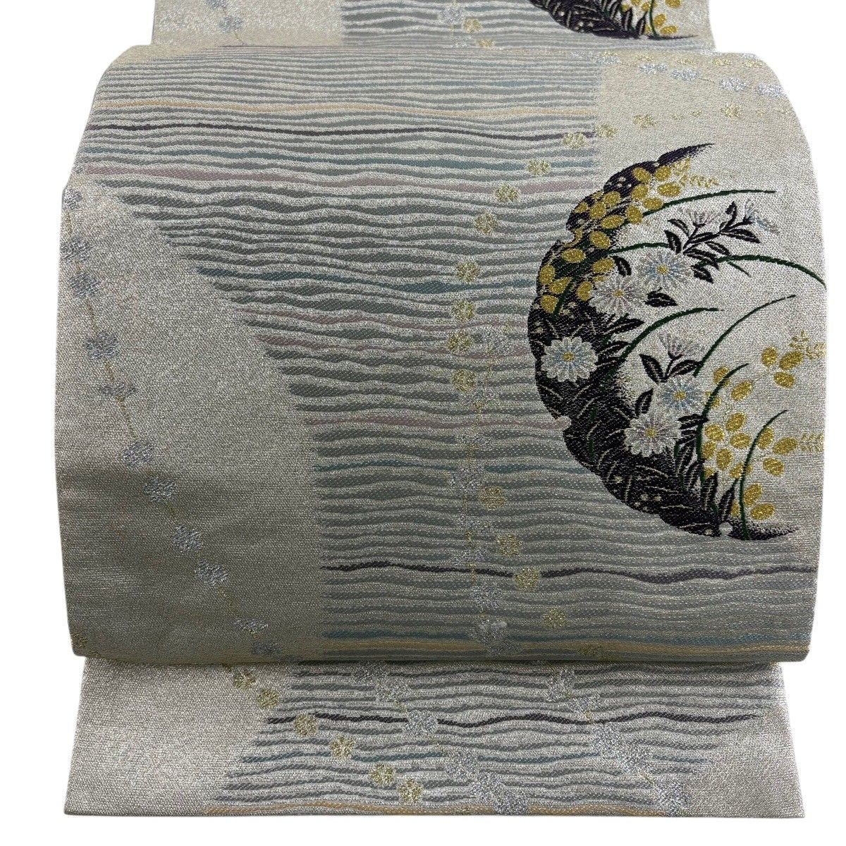 【美品】 袋帯 秀品 鈴乃屋 雪輪 草花 金銀糸 箔 青灰色 六通 正絹 【中古】