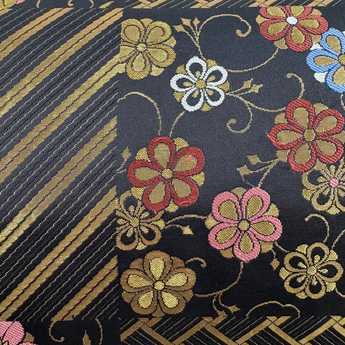 名古屋帯 秀品 草花 斜縞 箔 金糸 黒 正絹 【中古】 - メルカリ