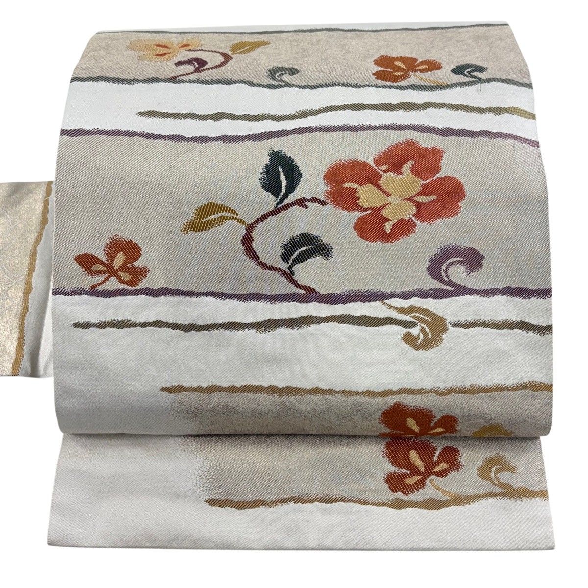 名古屋帯 秀品 草花 箔 金糸 クリーム 正絹 【中古】