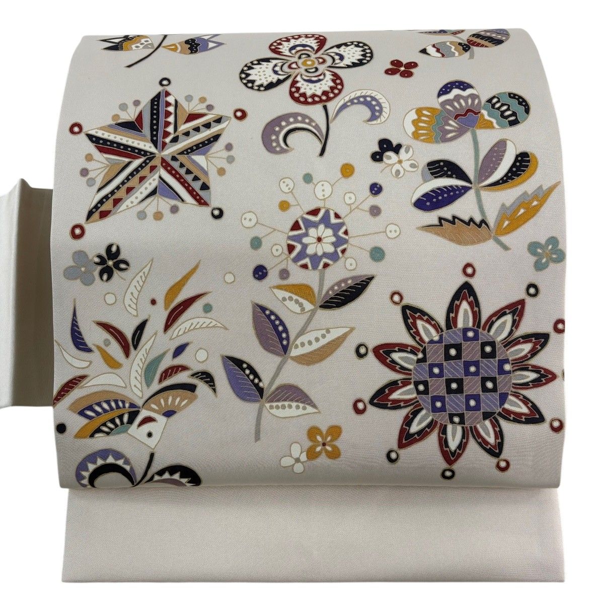 【美品】 名古屋帯 秀品 草花 幾何学模様 ベージュ 正絹 【中古】