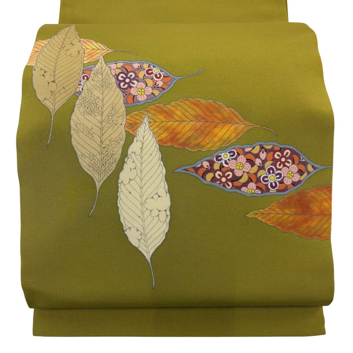 【美品】 開き名古屋帯 秀品 葉柄 草花 鶯色 正絹 【中古】