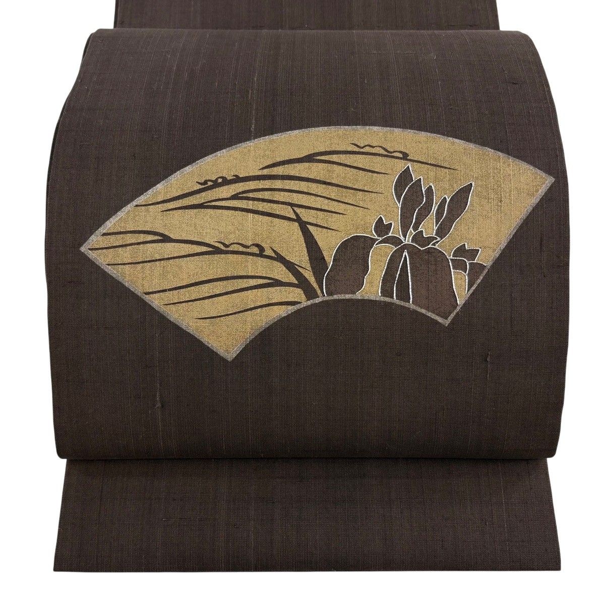 【美品】 開き名古屋帯 秀品 扇面 菖蒲 銀糸 金彩 焦茶色 正絹 【中古】 9,086円
