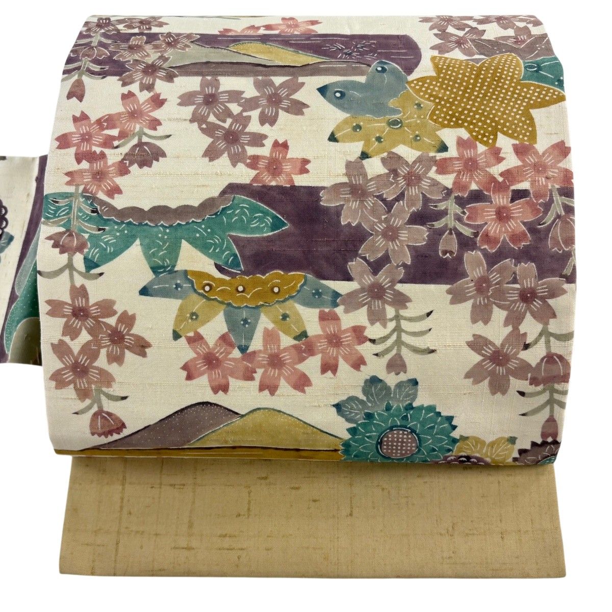 【美品】 名古屋帯 秀品 紬地 桜 笠松 クリーム 正絹 【中古】