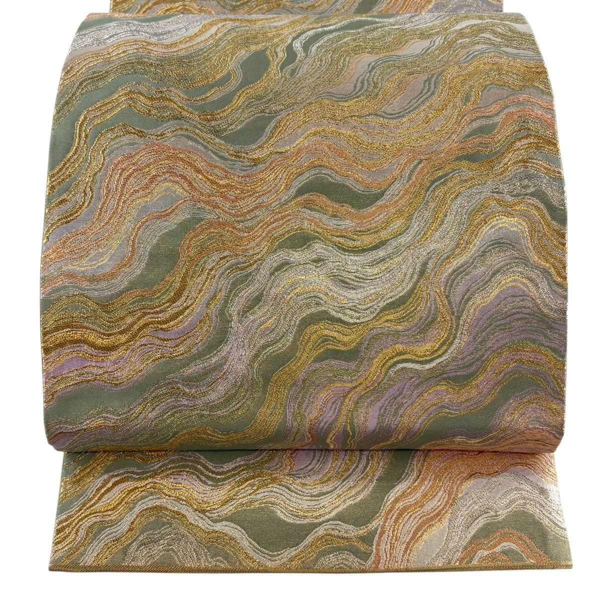 【美品】 袋帯 秀品 波 幾何学 金銀糸 箔 薄緑 六通 正絹 【中古】