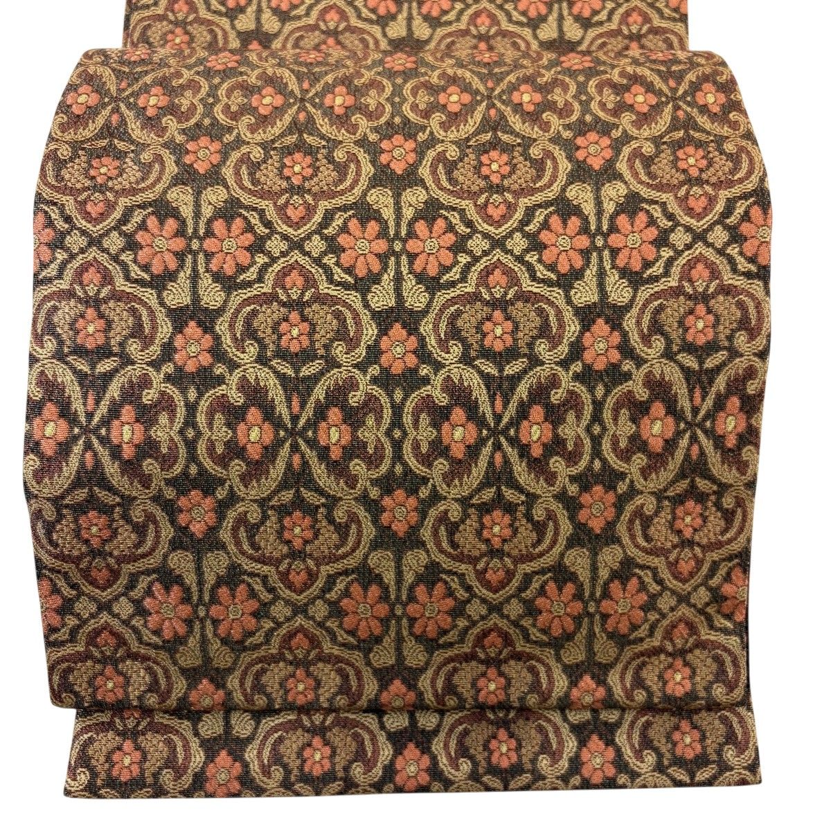 【美品】 袋帯 秀品 花 銀糸 茶色 全通 正絹 【中古】