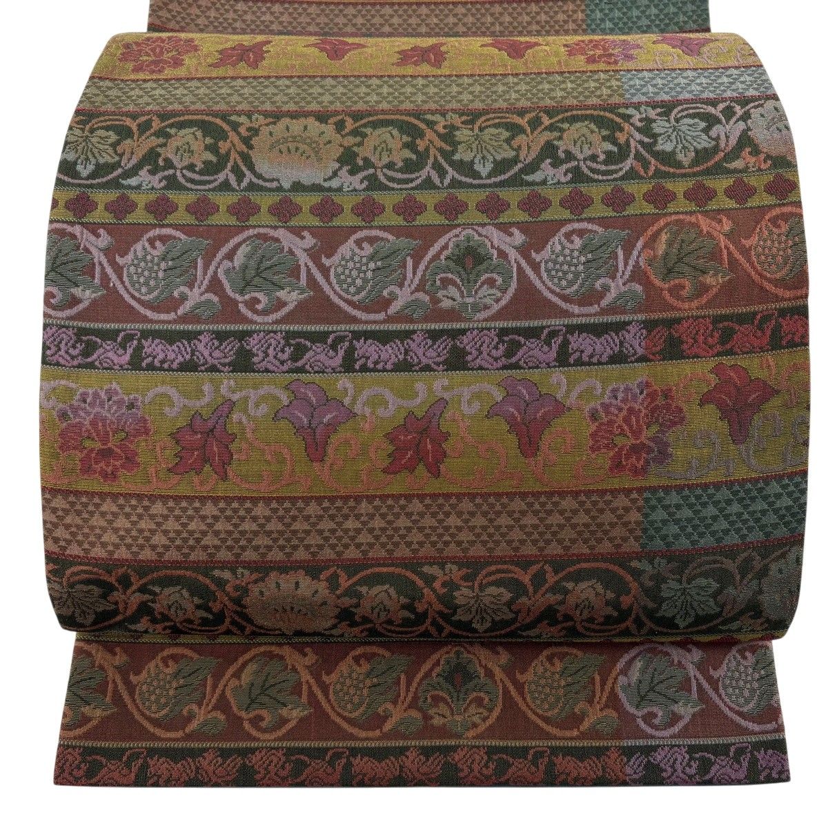 【美品】 袋帯 秀品 花唐草 段縞 深緑 全通 正絹 【中古】