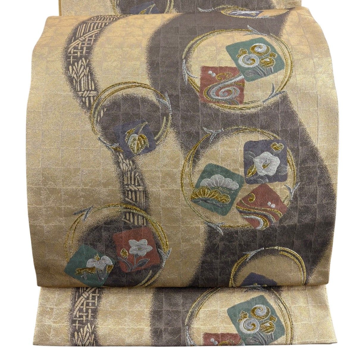 【美品】 袋帯 秀品 草花 丸文 金銀糸 箔 金色 六通 正絹 【中古】