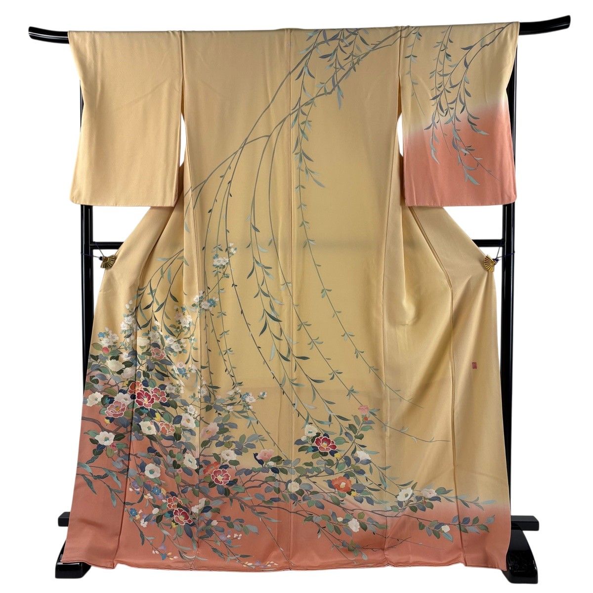 訪問着 身丈172cm 裄丈69cm L 袷 落款 椿 枝垂れ桜 染め分け ぼかし ベージュ 正絹 秀品 一つ紋 【中古】