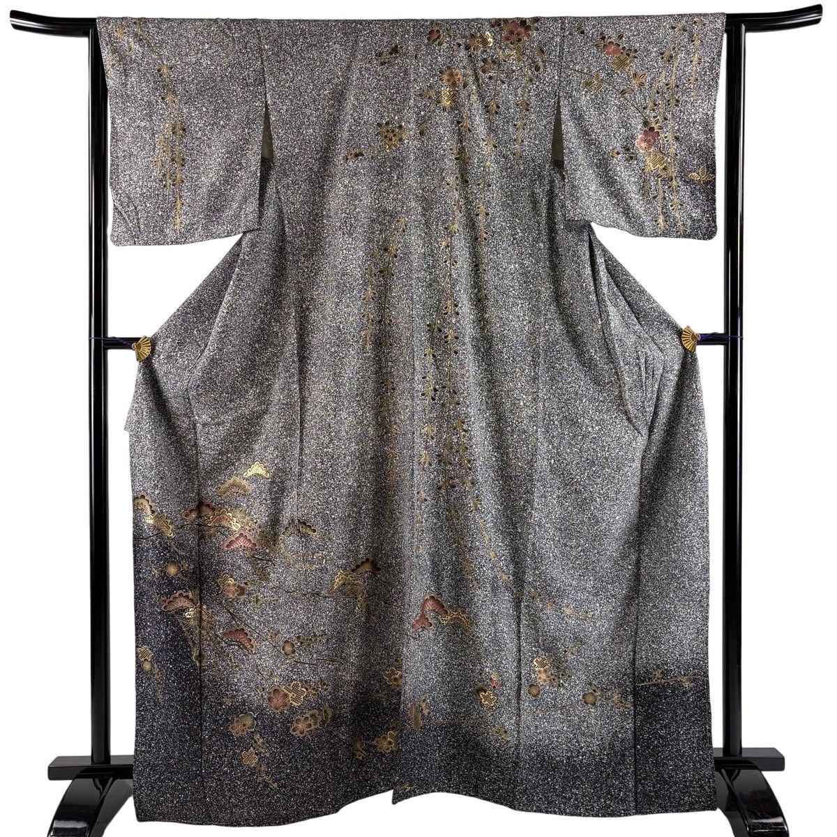 【美品】 訪問着 身丈167cm 裄丈65cm M 袷 松 梅 金彩 ぼかし 黒灰 正絹 秀品 【中古】
