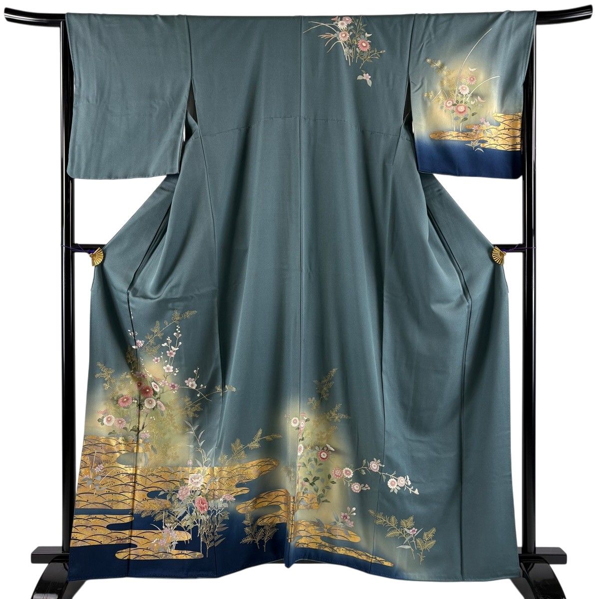 訪問着 身丈160cm 裄丈65.5cm M 袷 菊 枝梅 金彩 ぼかし 灰緑 正絹 秀品 【中古】