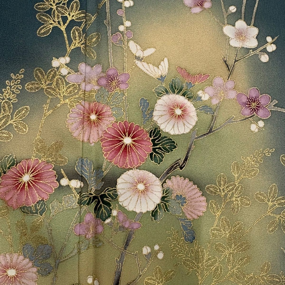 訪問着 身丈160cm 裄丈65.5cm M 袷 菊 枝梅 金彩 ぼかし 灰緑 正絹 秀