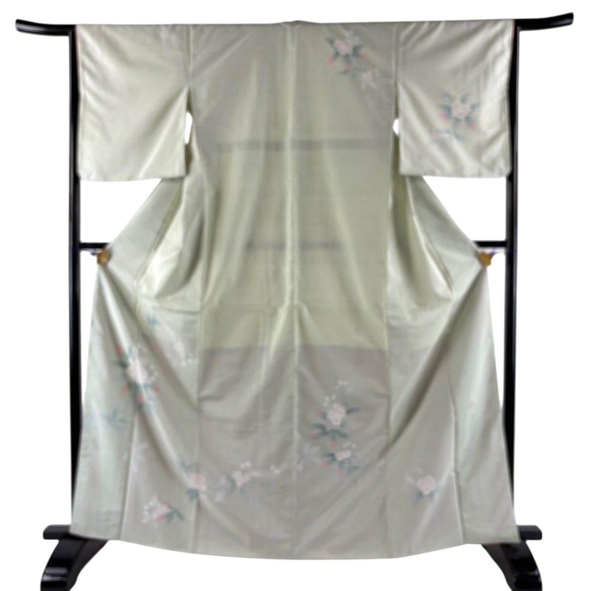 訪問着 身丈164.5cm 裄丈64cm M 袷 紬地 落款 枝花 薄緑 正絹 秀品 【中古】