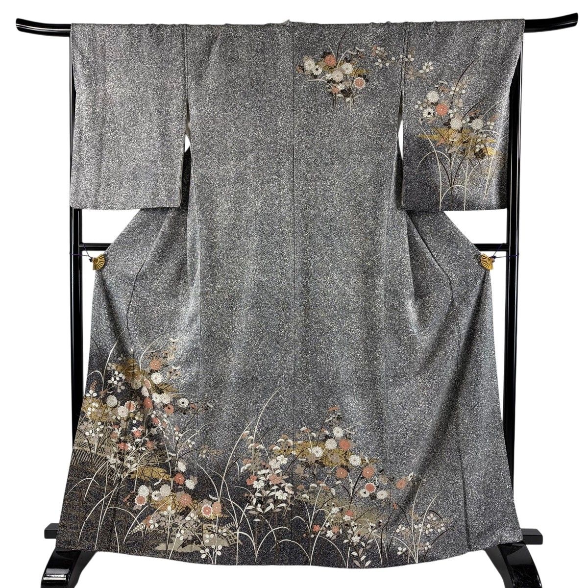 訪問着 身丈163.5cm 裄丈68cm L 袷 秋草 霞 金彩 ぼかし 黒灰 正絹 秀品 【中古】
