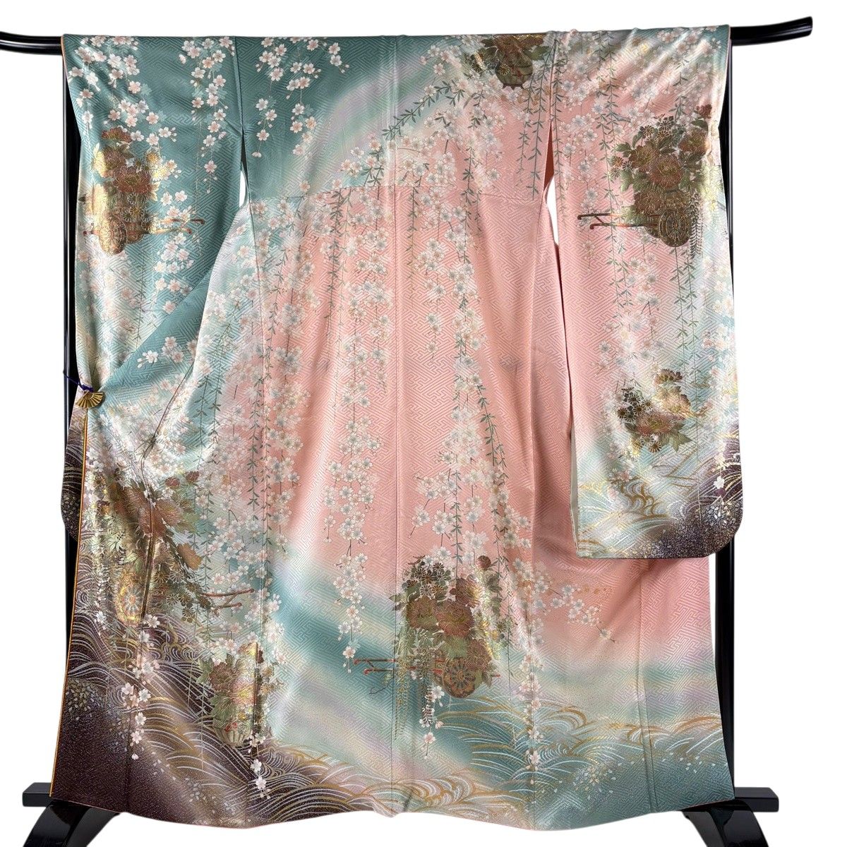 振袖 身丈161.5cm 裄丈67.5cm L 袷 やまと 花車 波 金銀彩 ぼかし 薄緑 正絹 秀品 【中古】