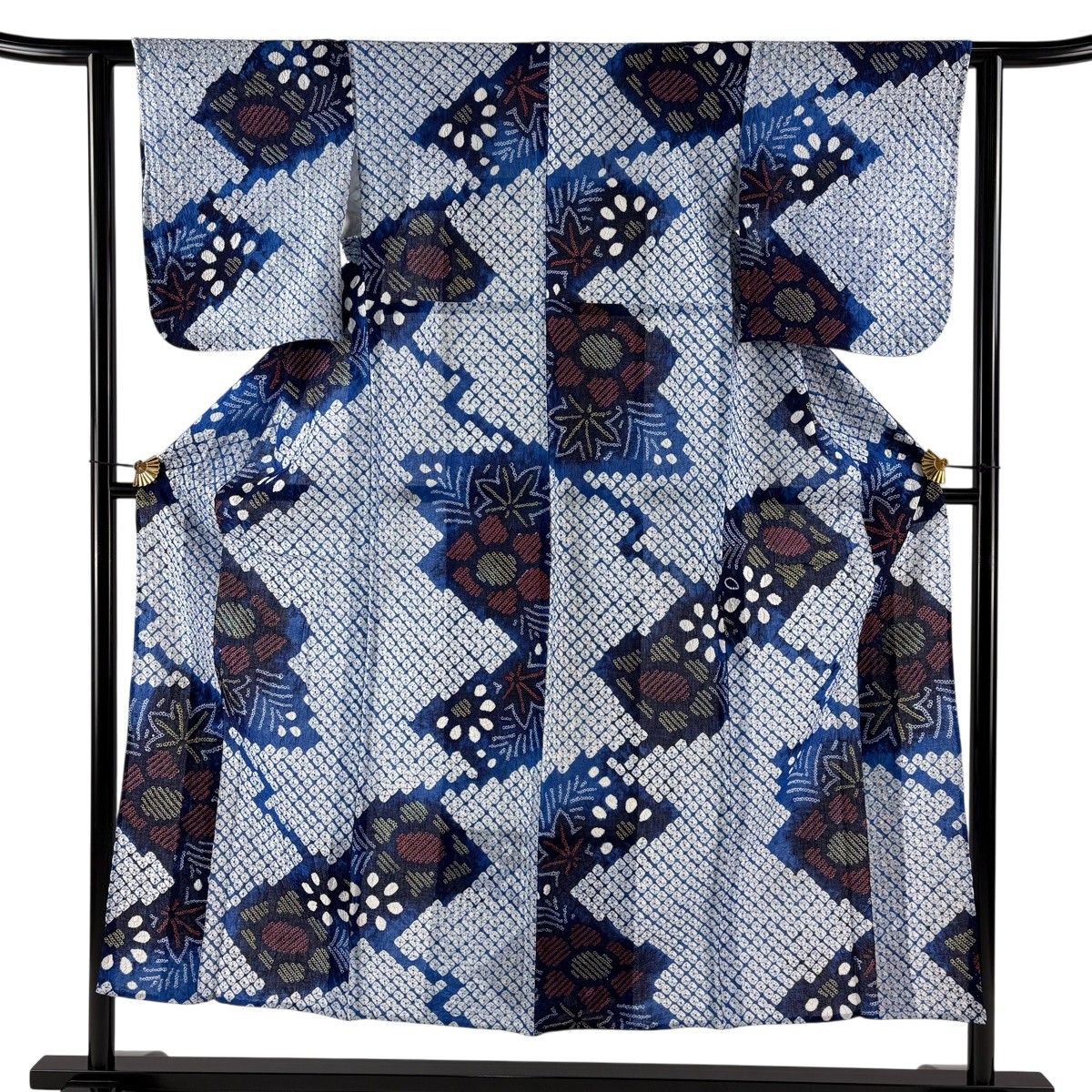 浴衣 身丈152cm 裄丈61cm S 絞り浴衣 草花 青 綿 名品 【中古】