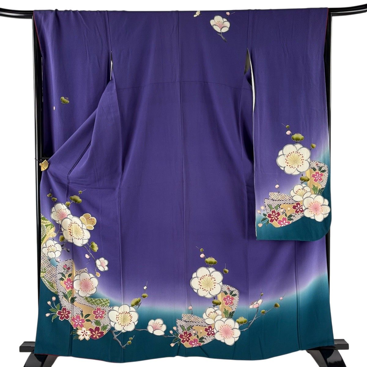 振袖 身丈163cm 裄丈66.5cm M 袷 枝梅 桜 金彩 染め分け 紫 正絹 名品 【中古】