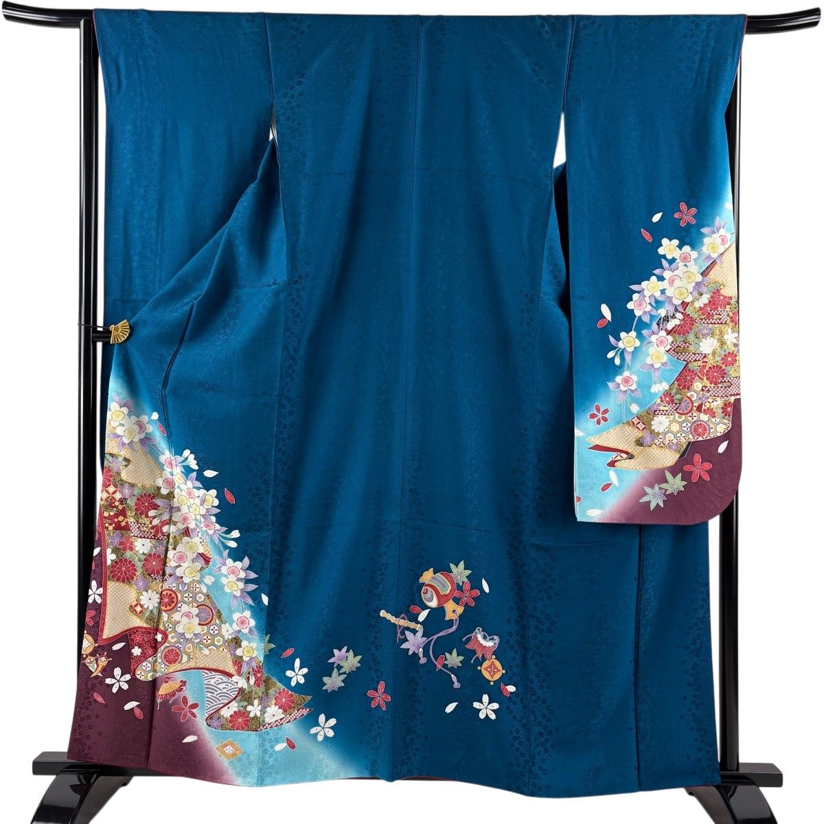 振袖 身丈160.5cm 裄丈65cm M 袷 桜 誰が袖 金糸 金彩 青緑 正絹 名品 【中古】