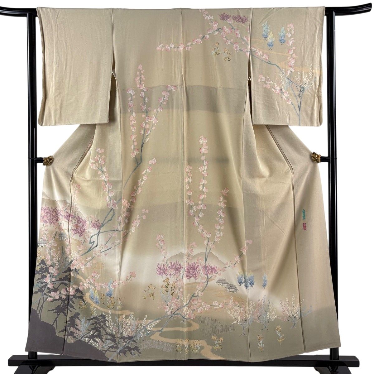 訪問着 身丈156.5cm 裄丈61.5cm S 袷 落款 あんずの里 染め分け ぼかし ベージュ 正絹 名品 【中古】