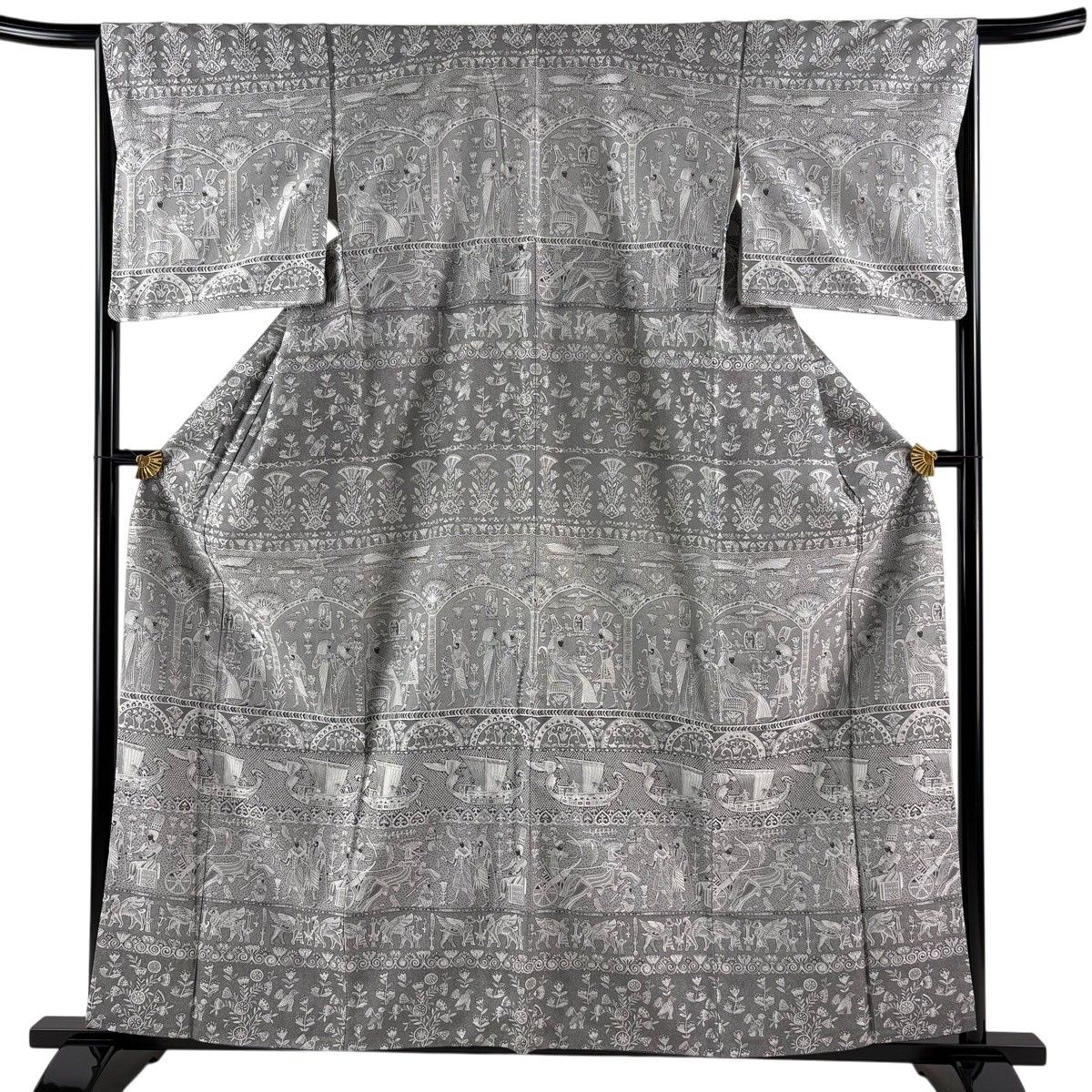 【美品】 付下げ 身丈158cm 裄丈66cm M 袷 コプト柄 横段 灰色 正絹 名品 【中古】