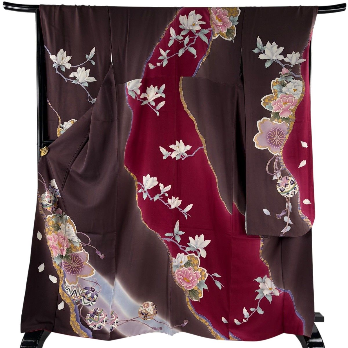 振袖 身丈168cm 裄丈68cm L 袷 牡丹 桜 金彩 ぼかし 茶紫 正絹 名品 【中古】