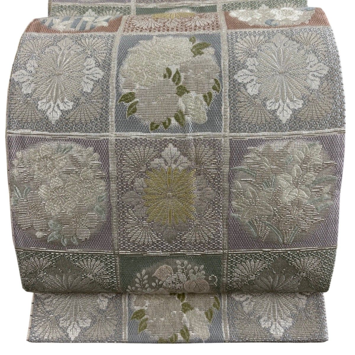 袋帯 名品 花菱 草花 銀糸 薄紫 お太鼓柄 正絹 【中古】