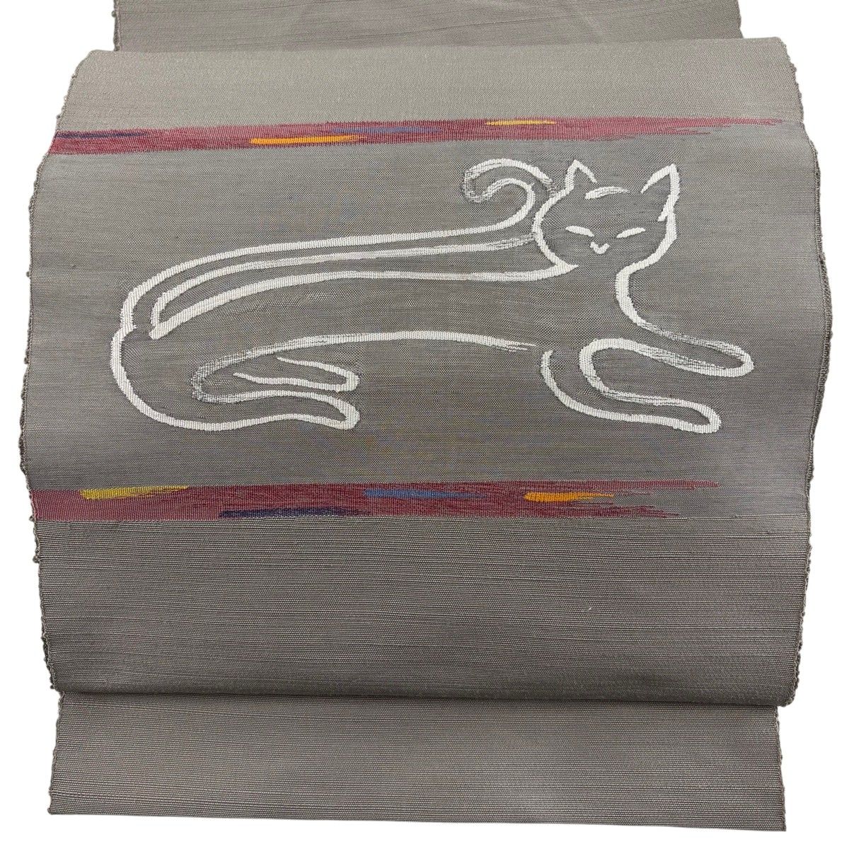 名古屋帯 名品 八寸名古屋帯 紬地 トンネル仕立て 猫 鈴 灰色 正絹 【中古】