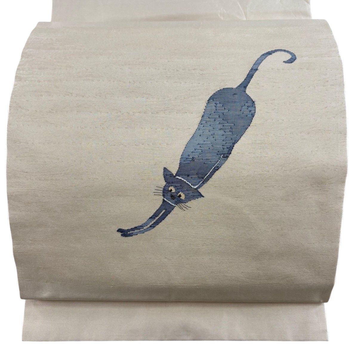 開き名古屋帯 名品 猫 ベージュ 正絹 【中古】