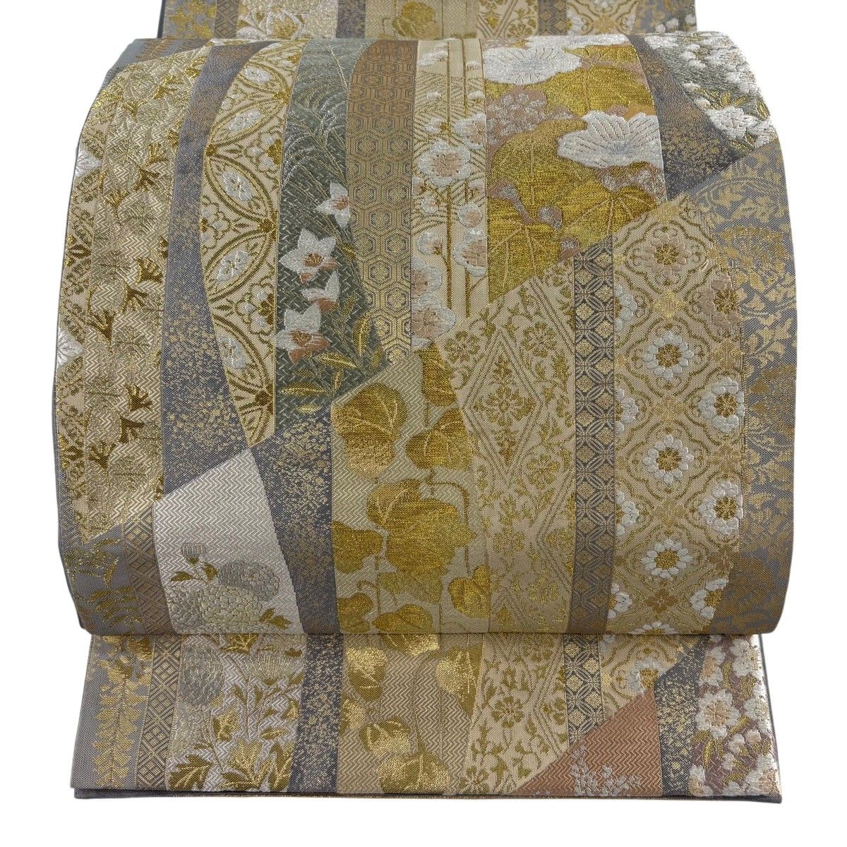 【美品】 袋帯 逸品 落款 篠屋宗兵衛 草花 有職文様 金銀糸 箔 灰色 六通 正絹 【中古】