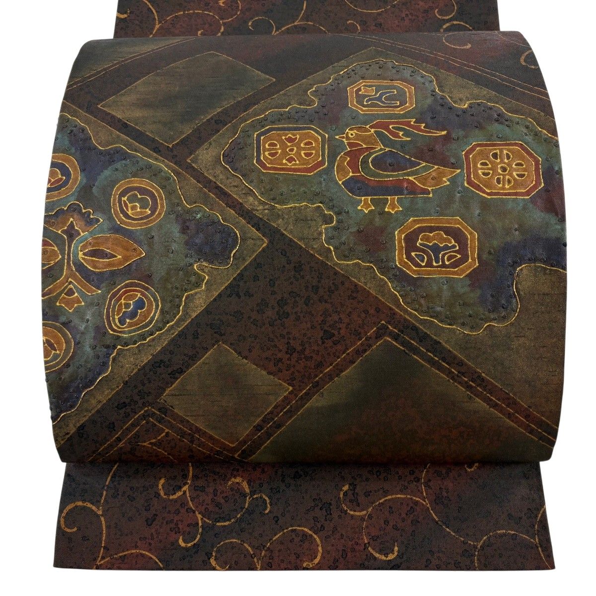 【美品】 袋帯 逸品 牛首紬地 鳥 唐草 金彩 茶紫 お太鼓柄 正絹 【中古】 18,104円