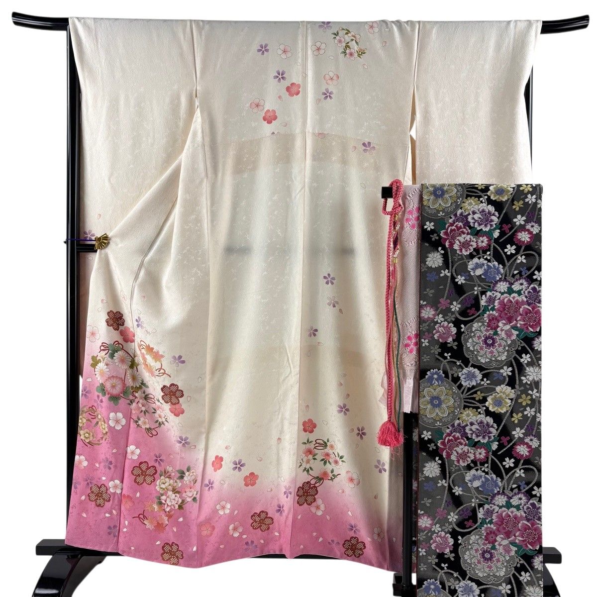 美品】 振袖 身丈161cm 裄丈67.5cm L 袷 袋帯フルセット 花丸文 草花