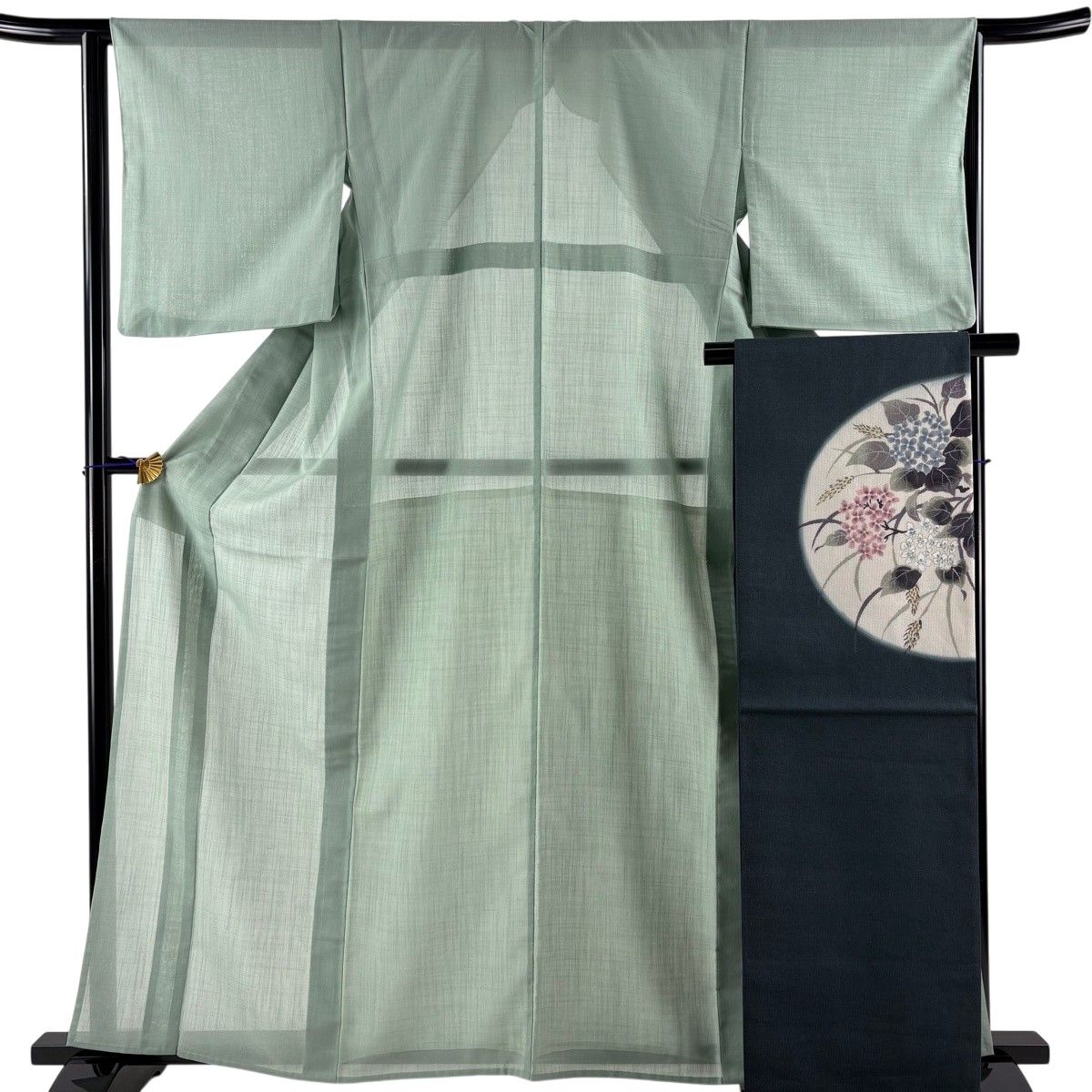 【美品】 紬 身丈162cm 裄丈65cm M 薄物 夏紬 袋帯セット 薄緑 正絹 秀品 【中古】
