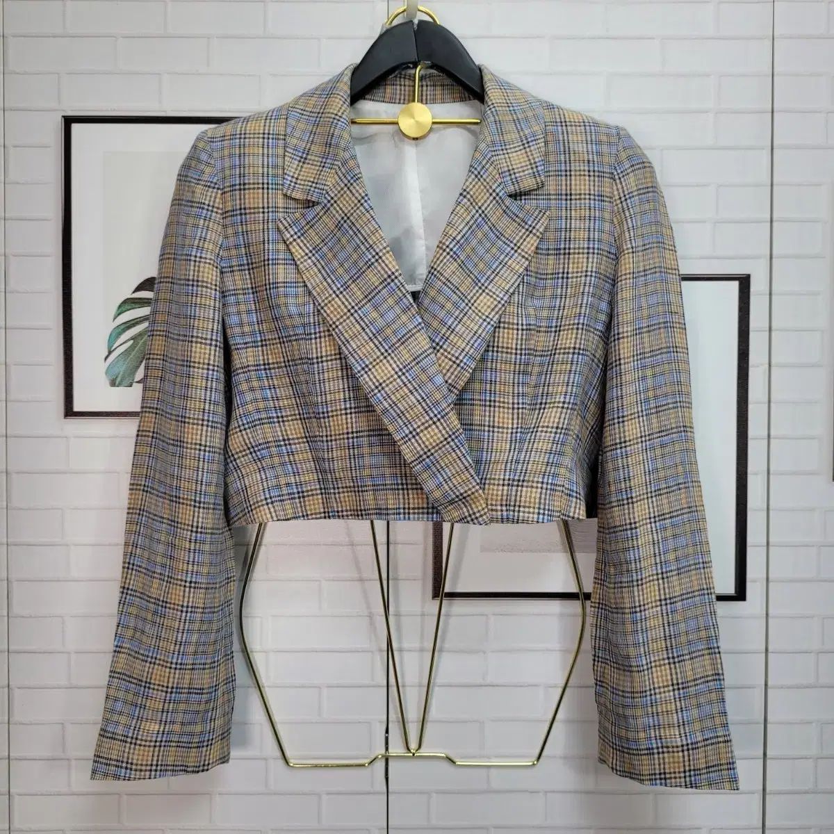 JS NEW YORK JSニュルク リネン チェック クロップド ジャケット フリーサイズ