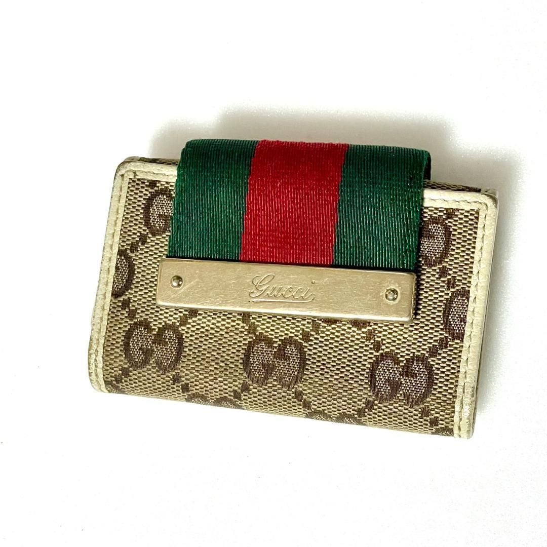 GUCCI グッチ GGキャンバス 6連キーケース シェリーライン ベージュ グリーン レッド レザー キーリング付き 181673 レディース メンズ ユニセックス ブランド小物 鍵入れ コンパクト ゴールド金具 GG柄 スナップボタン式 ウェブライン 中古