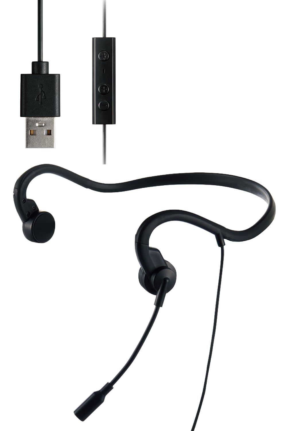 Elecom Bone Conduction Earphones, Bone Conduction Headset with Microphone, Wired USB-A, Lightweight, No Pairing/Charging Required, Hands-free, Doesn't Block Your Ears, Doesn't Hurt Your Ears, Web Conferencing Online HS-BC05UBK