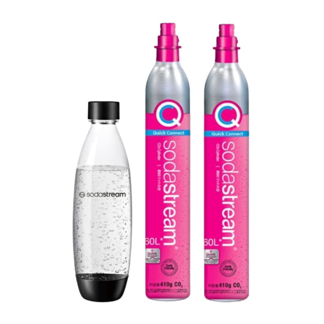 [公式] ソーダストリーム クイックコネクト ガスシリンダー 60L 2本セット (新規購入用) ピンク 食洗器対応1Lボトル（ブラック）付き sodastreamyu e3c19731