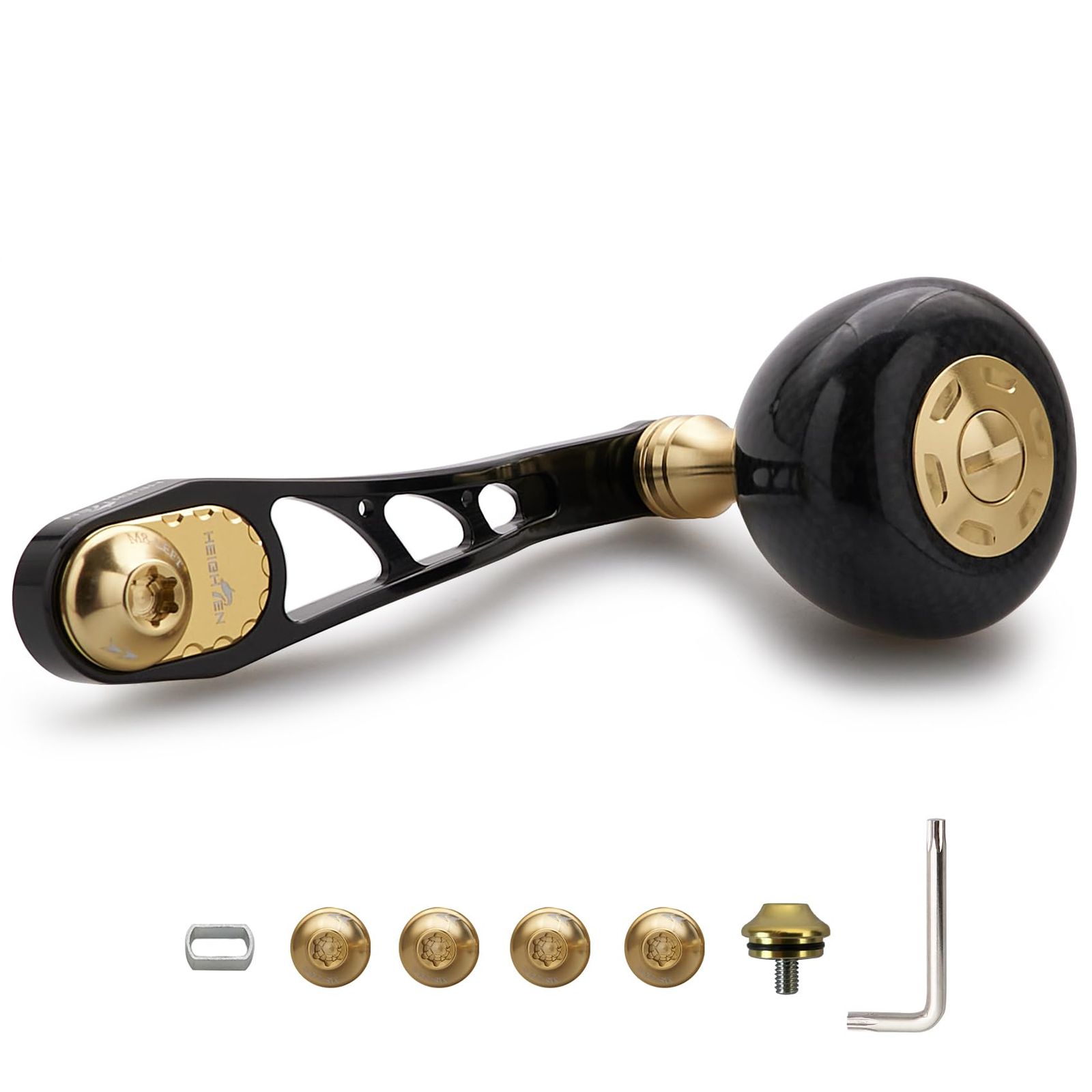 【新品】HEIGHTEN 65/75mm可変 リール ハンドル 36mm カーボン製 ハンドルノブ 搭載 シマノ(SHIMANO) ダイワ(DAIWA) アブ(Abu) ベイトリール 通用 Arch Carbon Series (ブラック＆ゴ 90587081
