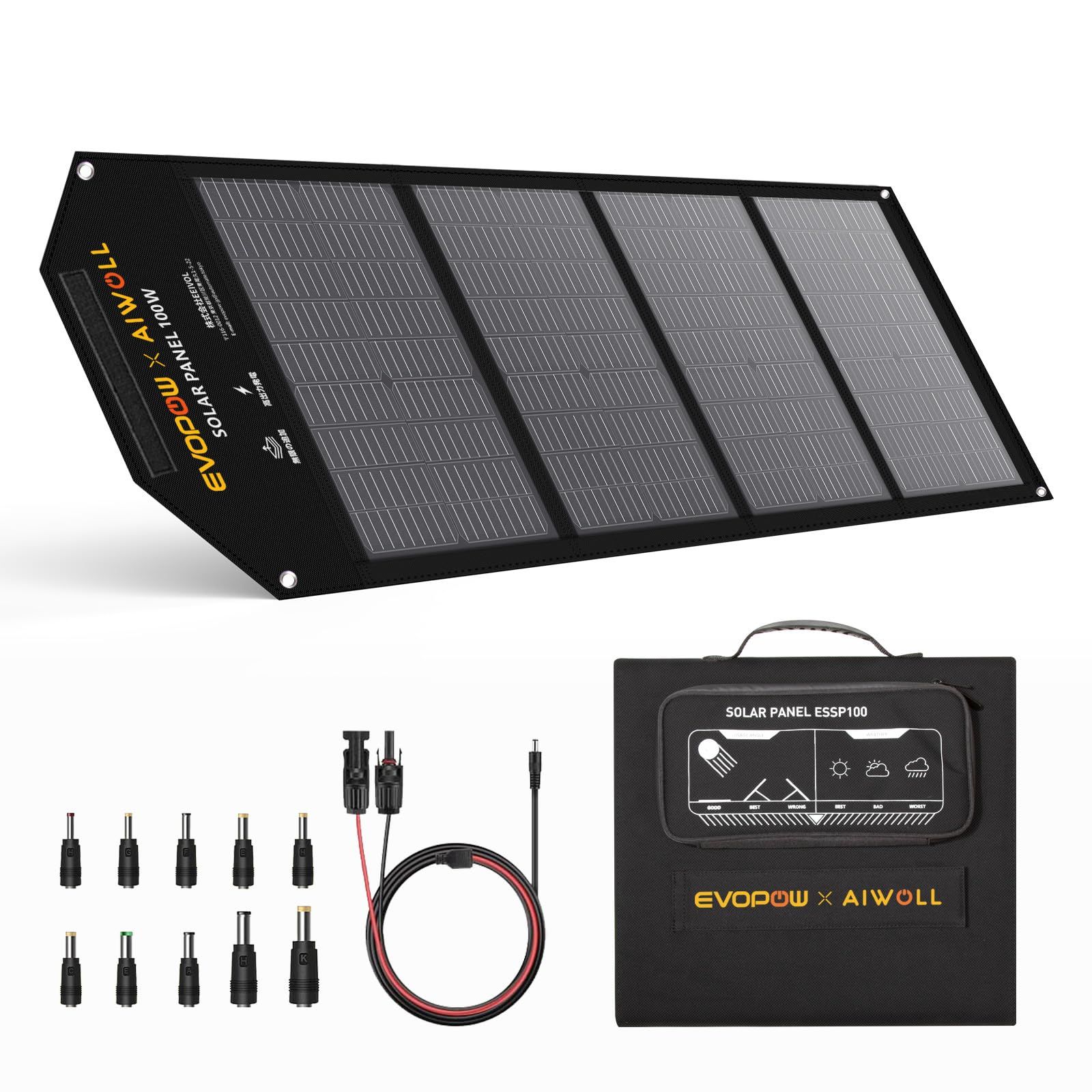 【新品】ソーラーパネル 100W ソーラーチャージャー 太陽光パネル 折りたたみ ETFE素材 高変換効率22.6% 単結晶 IP54防水 防塵 軽量 コンパクト ポータブル電源 充電器 太陽光発電 キャンプ 車中泊 災害用 Evopow E 439fea45