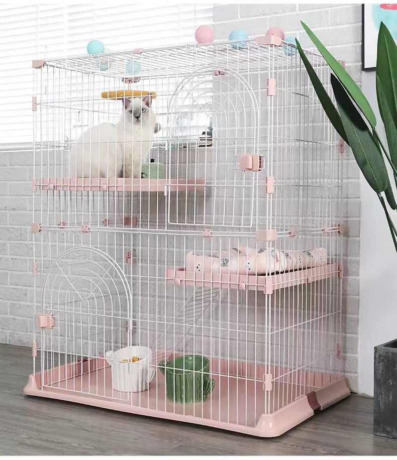 ★新品★キャットケージ 2段 幅76×奥行50.5×高さ89cm 猫用ケージ トレー付き 棚板・はしご付き 室内用 大型扉 組立簡単 ピンク 5184b19e