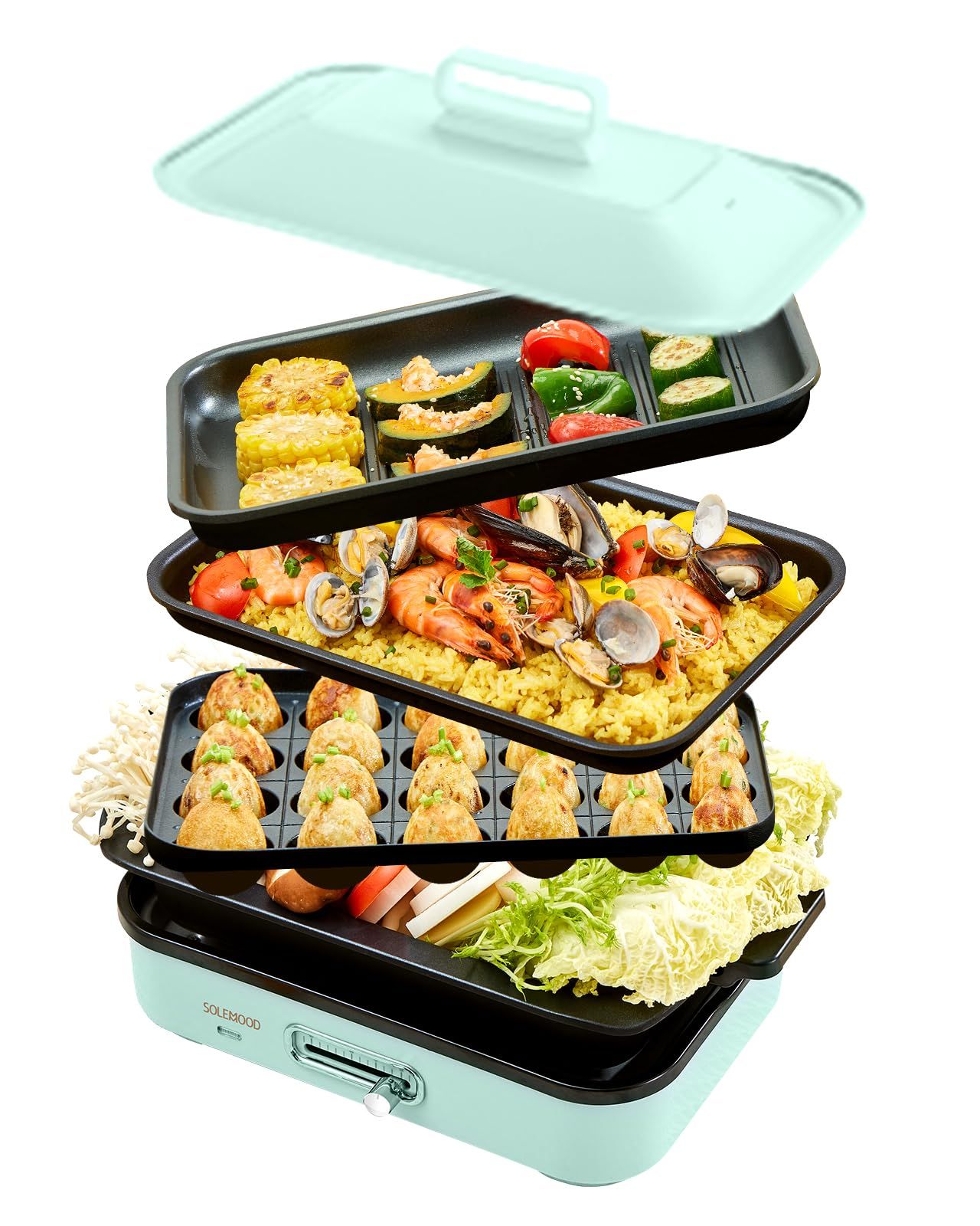 SOLEMOOD ホットプレート おしゃれ? たこ焼き 焼肉 パエリア アヒージョ お手入れ簡単 洗いやすい 温度調節機能 プレート種類組み合わせて選択可能 一人暮らし 2人 3人用にも (グリーン, プレート4種(平面・たこ焼き・鍋・グリル 1f0df19a