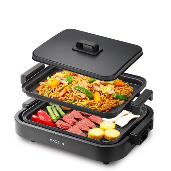 MAXZEN ホットプレート 鍋 焼肉 温度調整 プレート グリル鍋 お好み焼き 2枚 一人用 家族 減煙 丸洗い 電気プレート コンパクト ヒーター式 卓上 フタ付き 黒 MHP120MT201-BK マクスゼン★m cc3709ab