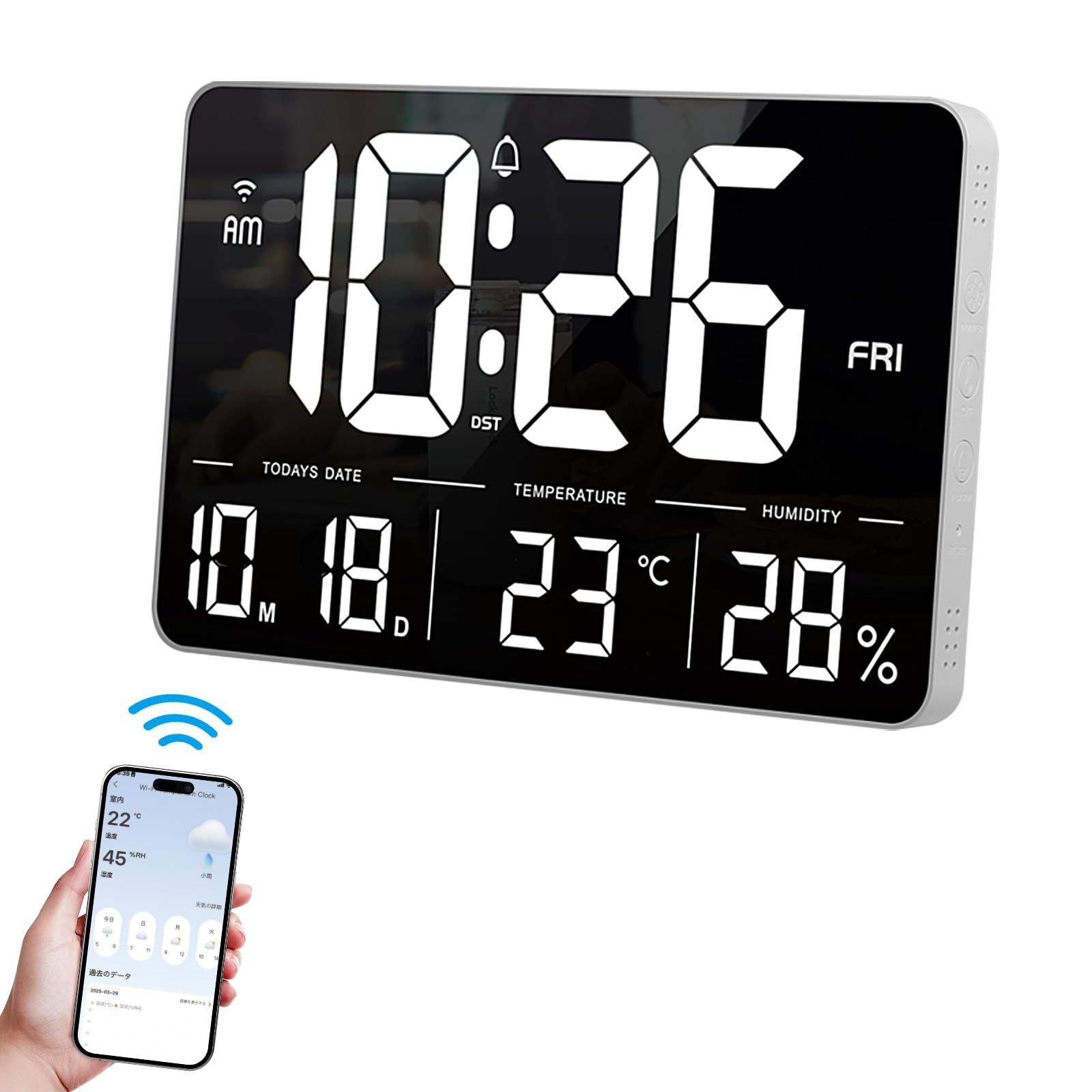 Wi-Fi 時計 デジタル時計 壁掛け 大型 LED 目覚まし時計 明るさ調節可能 月/日/温度/湿度/時刻表示 12時間/24時間切替式WiFi 自動時刻修正 置き時計 リモコン操作付き 家庭用/オフィス用/教室用 使用には電源接続が必要です (ホ 国内発送