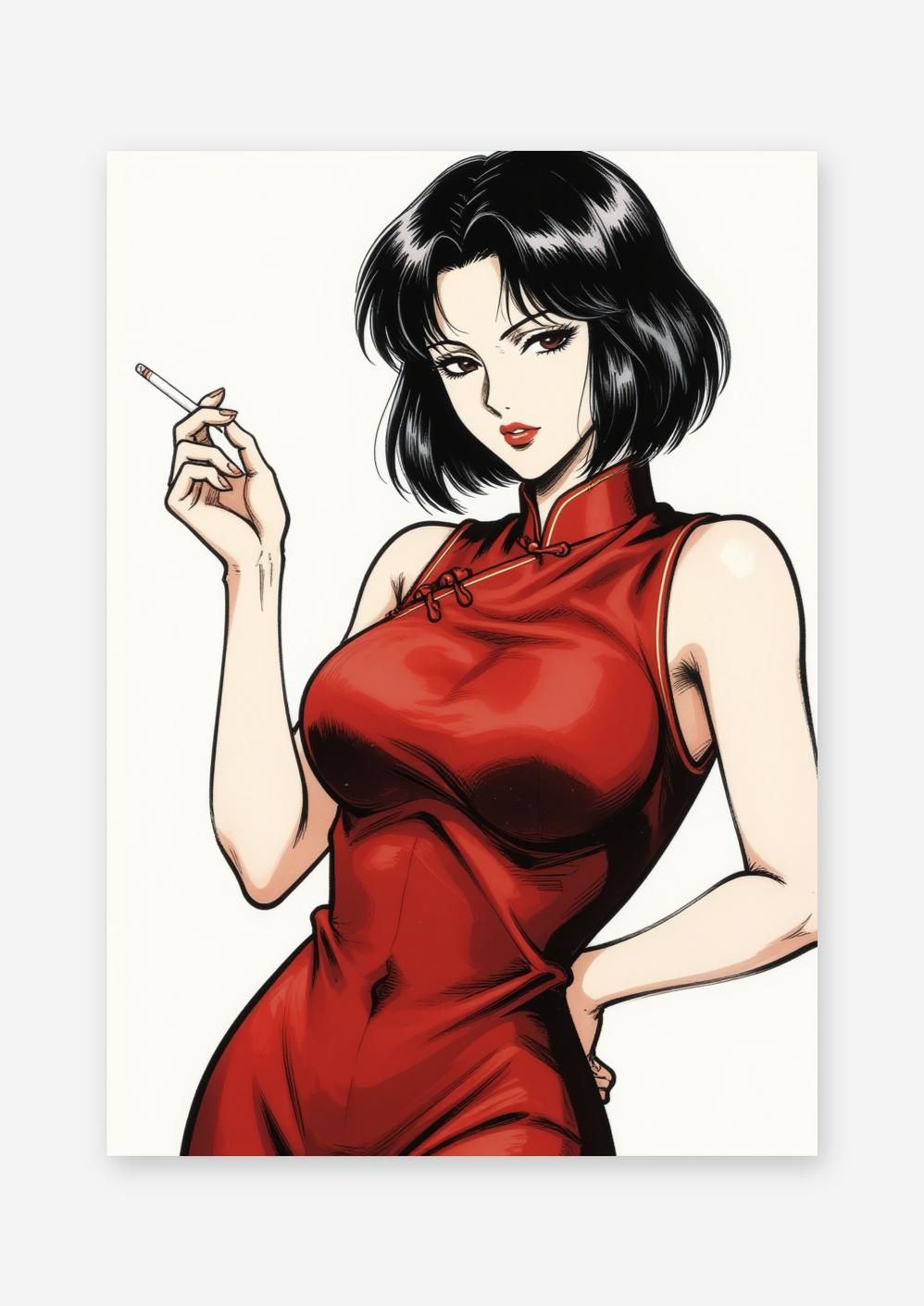 AIアート】【妖艶美女】チャイナドレス 煙草 イラスト アートポスター