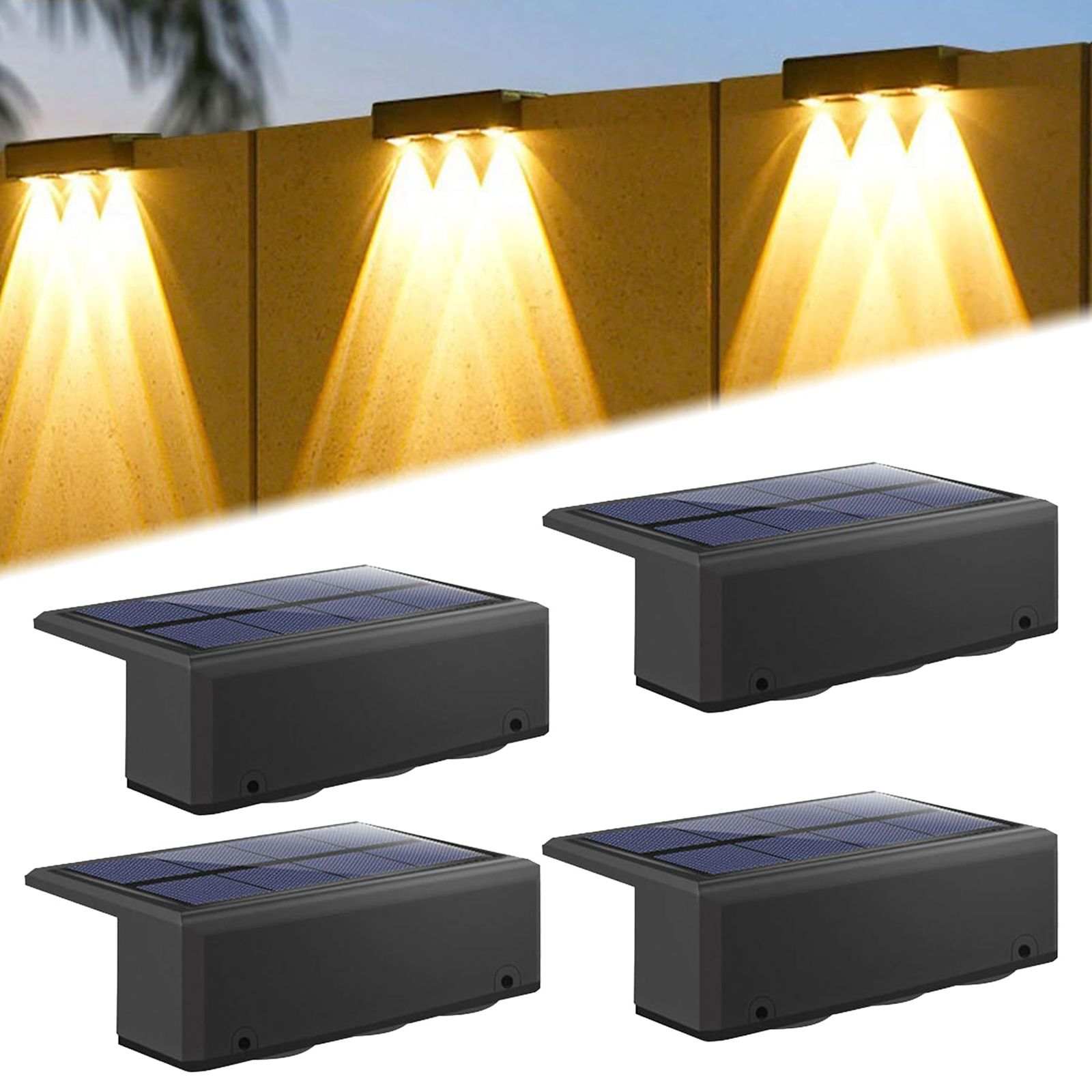 ソーラー 屋外 フェンスライト ガーデンライト LED ソーラー 表札灯 表示灯 玄関灯 門柱灯ソーラー式 取付簡単 庭 階段 通路 バックヤード 玄関等に適用 (3つの光/暖かい白, 4個セット) 国内発送