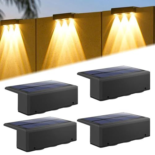 ソーラー 屋外 フェンスライト ガーデンライト LED ソーラー 表札灯 表示灯 玄関灯 門柱灯ソーラー式 取付簡単 庭 階段 通路 バックヤード 玄関等に適用 (3つの光/暖かい白, 4個セット) 国内発送