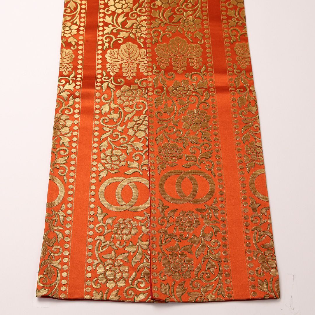 お買い得品！踊り用 半幅帯 帯丈356cm 正絹 全通 小袋帯 唐草華文 牡丹 朱系 1247-00674