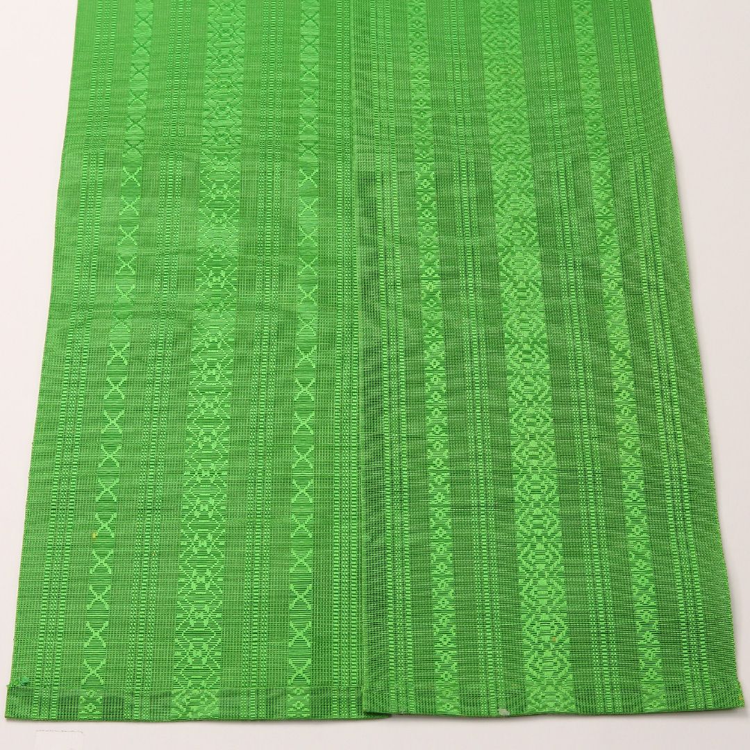 お買い得品！夏物 半幅帯 帯丈354cm 正絹 全通 小袋帯 カジュアル 博多織 献上柄 緑系 1247-00716