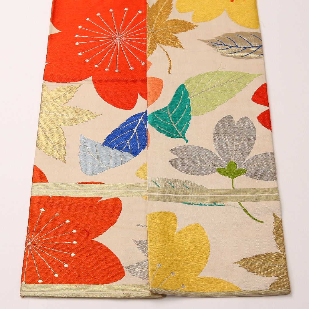 お買い得品！アンティーク 半幅帯 帯丈394cm 正絹 全通 小袋帯 桜 金銀糸 クリーム系 1247-00741