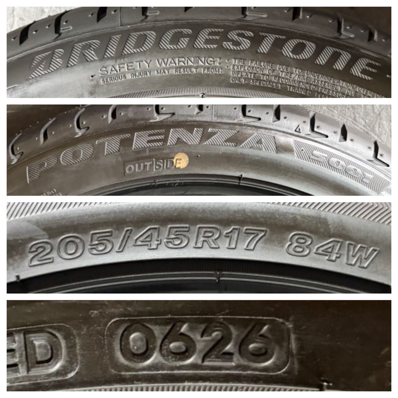 イボ付き　2026年製 約9.9分山 ブリヂストン　BRIDGESTONE ポテンザ　POTENZA S001 205/45R17 2本 h_2679