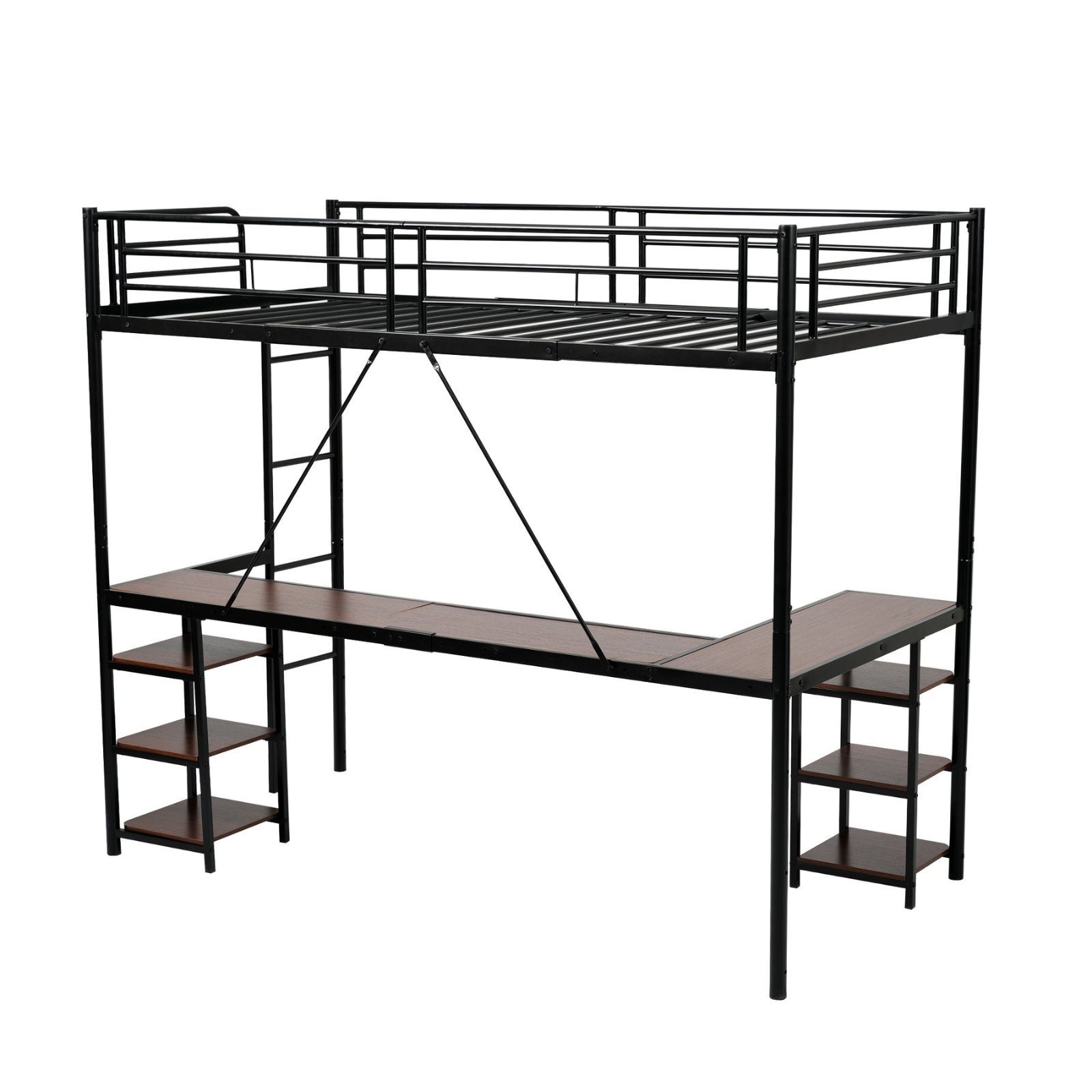 SS 80*180cm ロフトベッド パイプベッド シングル デスク付き 収納棚 ハシゴ付き 左右入れ替え可能 ロフトベッド 収納 大人 一人暮らし 子供ベッド 北欧風 二段ベッド 子供部屋 スチール 耐震 パイプ 【ブラック】