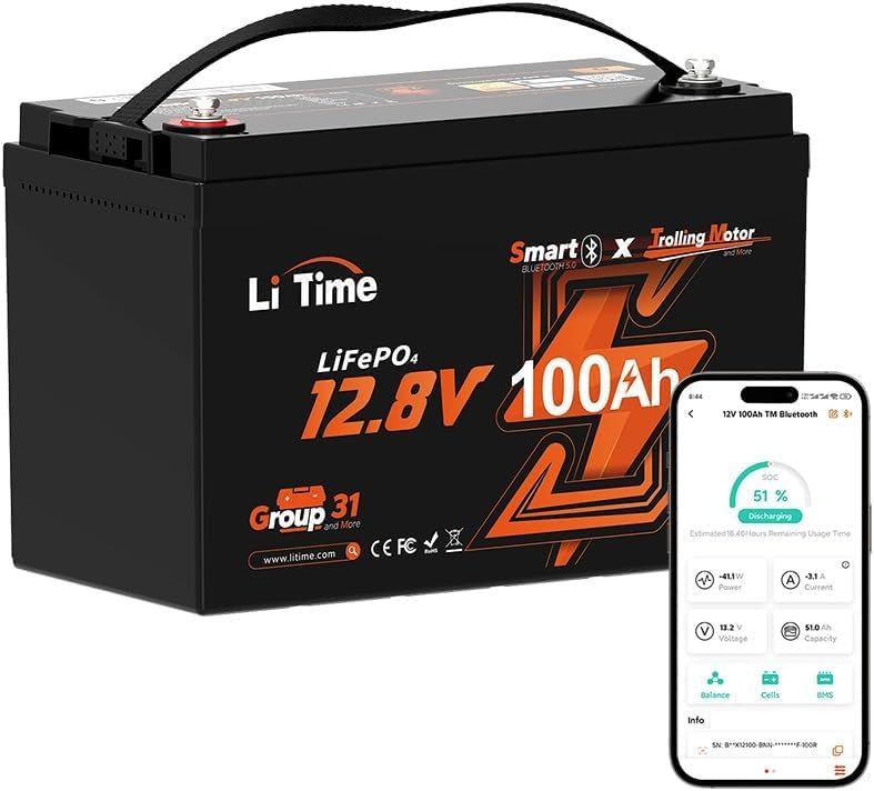 LiTime 12V 100Ah TM Bluetooth リン酸鉄リチウムイオンバッテリー 推力30～70ポンドのエレキモーターに対応 リモート管理対応 低温保護 100A放電電流 1280W出力電力 ヨット、ボート、釣り、キャンピングカー 2155e6af